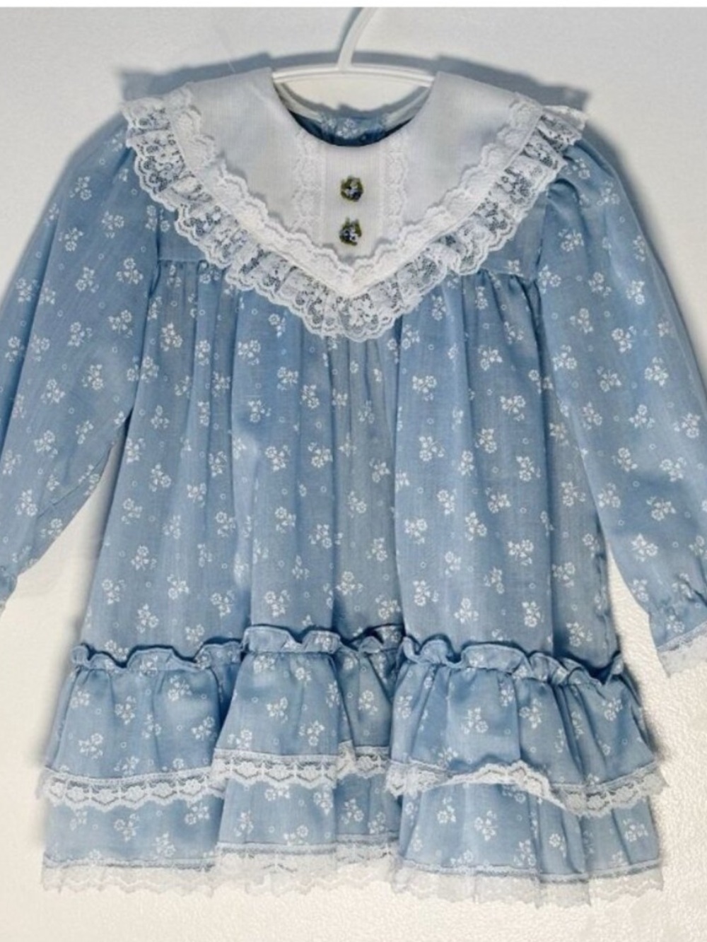 Vintage 80s Blue Floral Toddler Dress Lace Collar Prairie Ruffle Cottagecore 12M